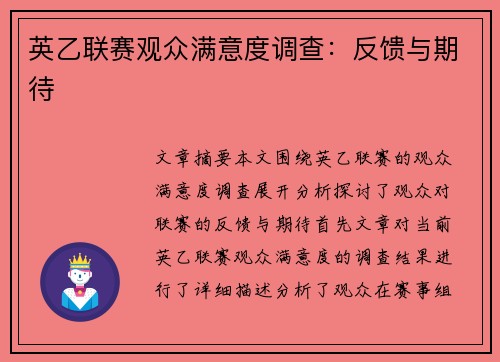 英乙联赛观众满意度调查：反馈与期待